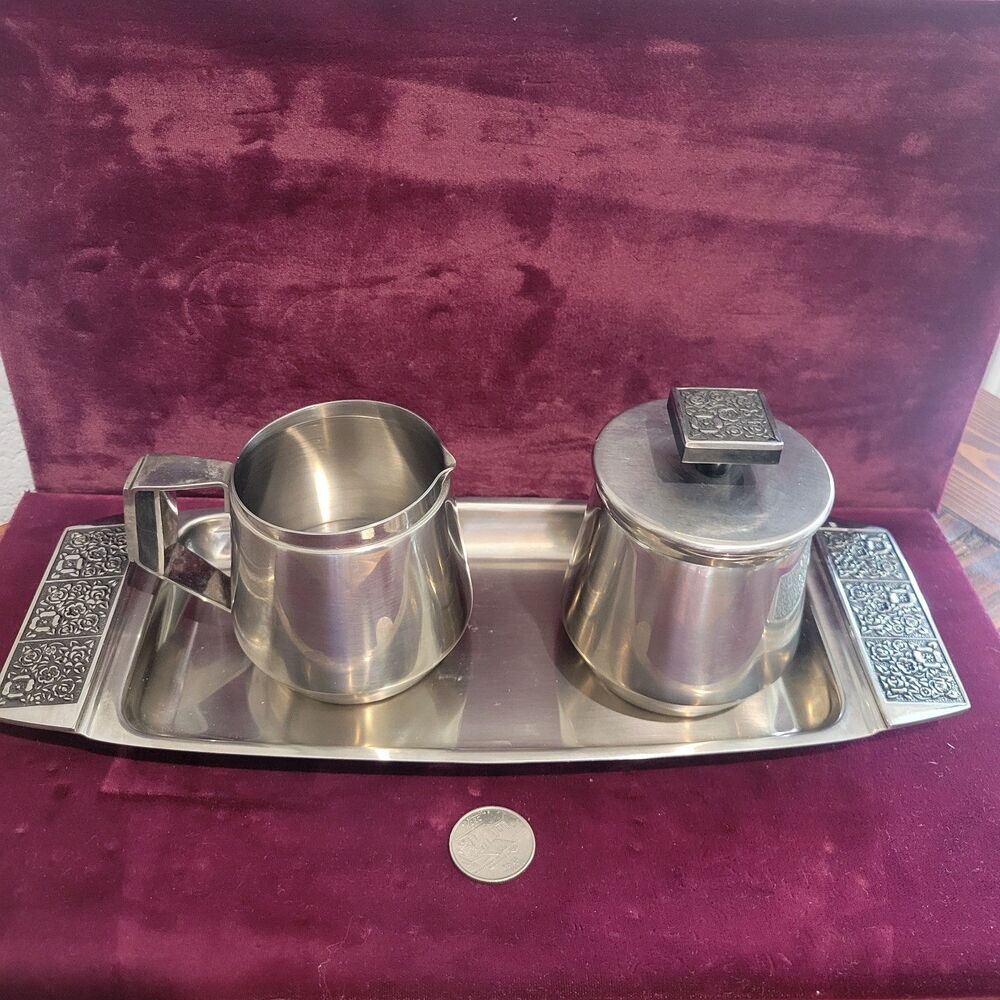 Vintage Stanley Roberts Stainless Steel Velvet Design Sugar & Creamer w/Tray MCM
